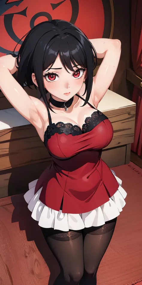 masterpiece, best quality, ultra-detailed, illustration,(1girl), Sarada Uchiha, looking at viewer, close up, (breast focus), (arms above head:1.2), (from above:1.1), black hair, Medium breasts, (breasts out:1.3), (off shoulder:1.1), lace underwear, random ...