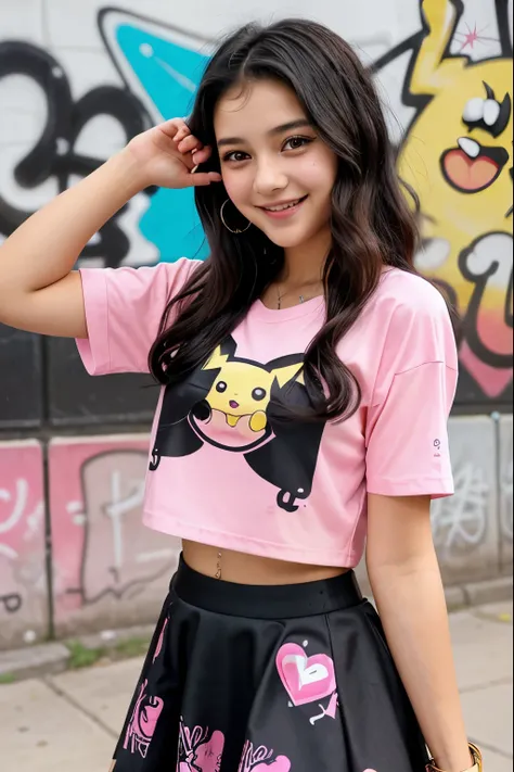 "A stunning 15-year-old girl with a fair complexion, dark black hair styled in loose waves, and pink lips, exuding youthful elegance and charm. She is posing confidently with a bright smile, wearing an oversized black skirt printed with a Pikachu anime des...