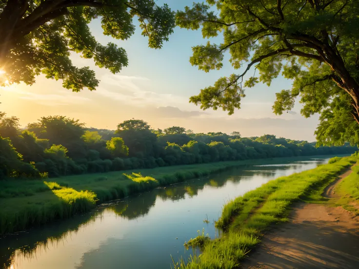 a serene river,flowing water,calm river,river landscape,riverbank,lush greenery,scenic river view,overhanging trees,reflection on water,natural environment,golden hour lighting,atmospheric lighting,photorealistic,4k,high resolution,detailed,masterpiece