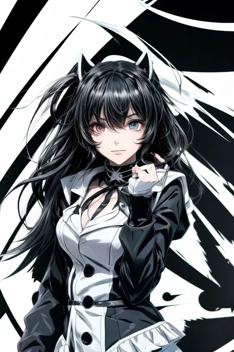 An anime girl has messy hair with white and black colours. Her left eye is black and her right eye is white, she wears morden detective clothes