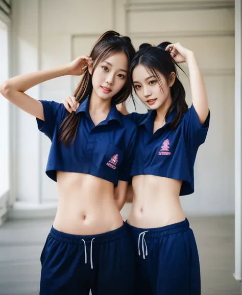 3 girls in fitness center, navy blue short-sleeved shirt,navy long trackpant,sweatpants, sweatpantsขายาว,25 year old girl, lesbi...