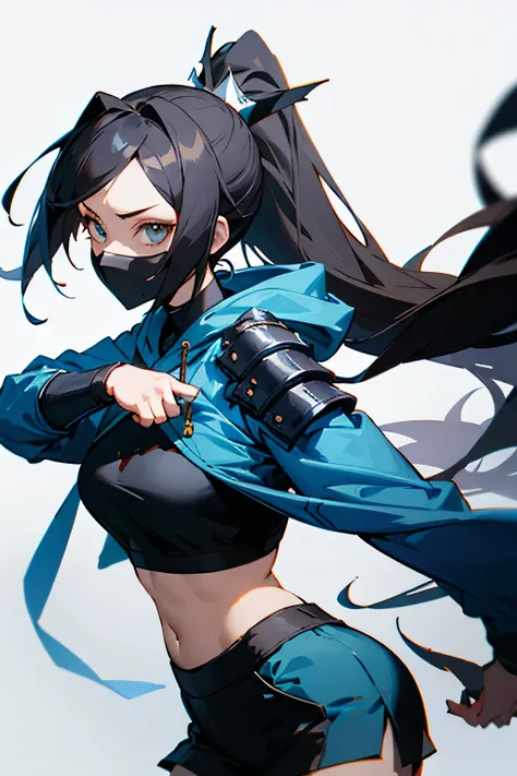 Kitana from Mortal Kombat 1, Make her face Arknights style looks like face, sharp slanted eyes, wearing metal armored mask, Ponytail dark hair, shoulder long hair, crop top oversized hoodie street wear style, wearing dark colour skort, holding soft blue ne...