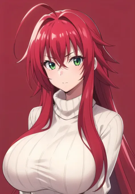 1girl, turtleneck sweater, rias gremory, huge ahoge, long hair, hair between eyes, green eyes, red hair, simple background, uppe...