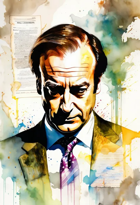 watercolor of sleezy lawyer Saul Goodman (Bob Odenkirk) double image with The US Constitution document, dramatic, by Carne Griffiths and Rembrandt, "Better Call Saul" watercolor speedpaint, Stylized layered overlapping images, disintegrating loose stroke w...