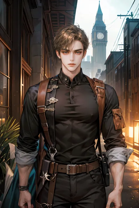 (absurdres, highres, ultra detailed, original character, HDR), 1 boy, solo, young man, handsome, ((tall muscular guy, broad shoulders)), finely detailed eyes, (dark brown hair), hair between eyes, brown eyes, apocalypse, casual outfit, ((assassin)), body s...