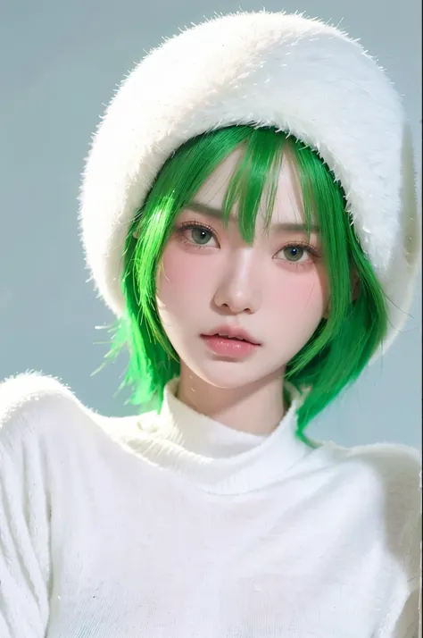 HDR, UHD,64K, nokiapretty, color white sweather, black background, greenhair