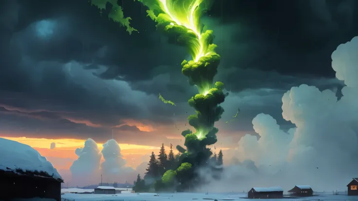 ((best quality)), ((masterpiece)), (detailed), A digital illustration of a dark stormy sky with large, glowing green giant raindrops falling from it with snow background