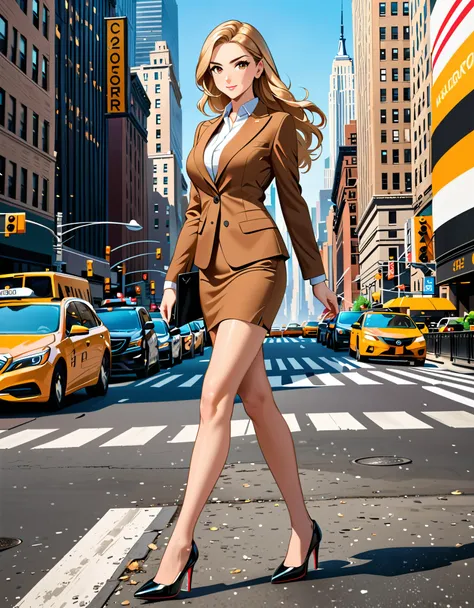 (masterpiece), (best quality), (high res), 1lady, tall body, beautiful detailed face, detailed eyes,  perfect hands, complete fingers, perfect anatomy, perfect proportions, dressed in a brown suit, pencil skirt, new york city backdrop, highly detailed, pro...