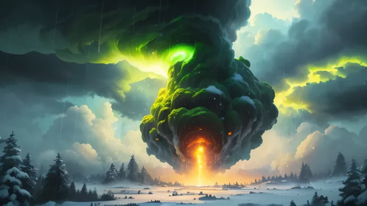 ((best quality)), ((masterpiece)), (detailed), A digital illustration of a dark stormy sky with large, glowing green giant raindrops falling from it with snow background