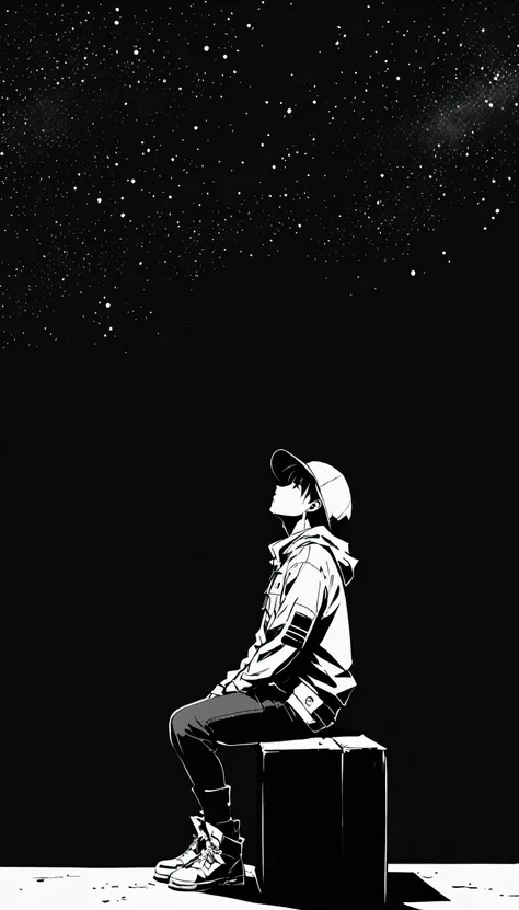 (Ashley Wood Style:1.1), 
One boy,Spread your knees、Align your feet,?,Large blank areas,black_background,minimalist background,Sitting,Bottom of the screen,(Look up:1.5),From the side,comics,The sky is filled with Dodge&#39;s blue sky lanterns