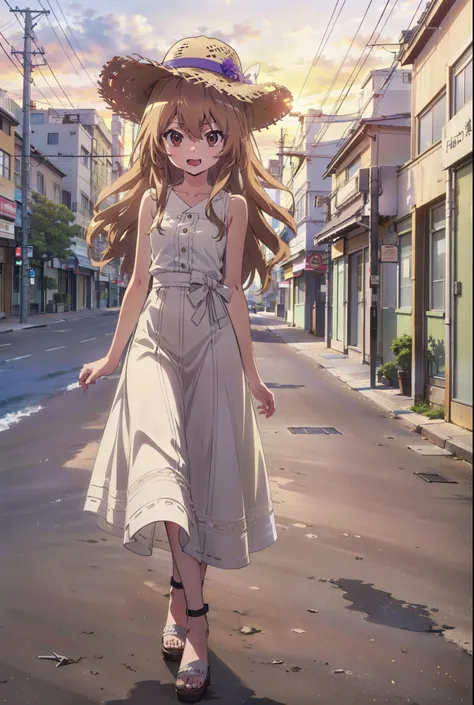 Aisaka Taiga, Aisaka Taiga, Long Hair, Brown Hair, Brown eyes,happy smile,smile, Open your mouth,Straw hat,White sleeveless dress,Long skirt,Heeled Sandals,evening,sunset,The sun is setting,whole bodyがイラストに入るように,Walking,　　　　　　　　　　　　  　　　　　break looking at ...