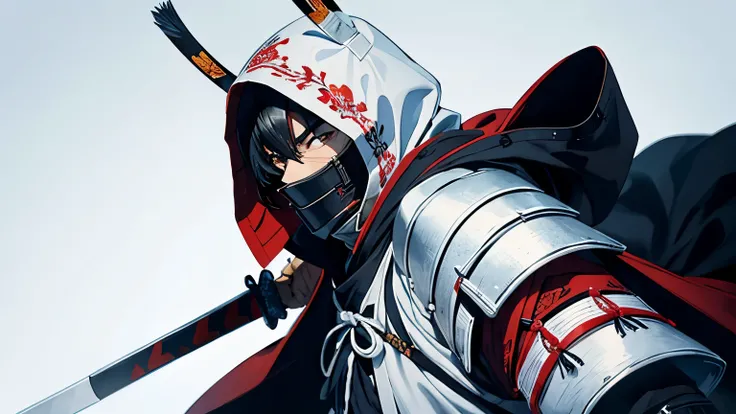 Wearing a white square hood、Kenshin Uesugi、Wearing intricately designed traditional samurai armor、
Famous people in Japanese history、He has a stern look、Has an intimidating presence