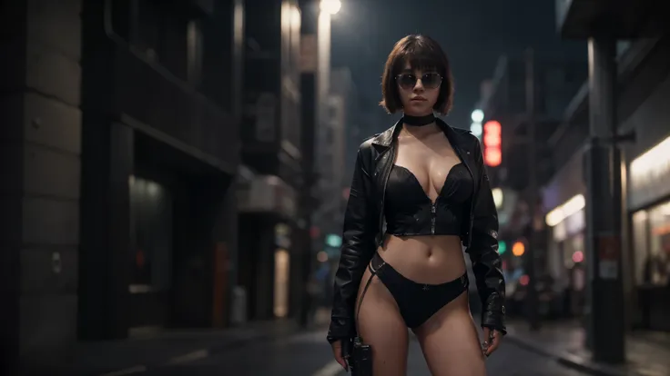 Blade Runner style futuristic city street, at night. (((1girl, solo, alone))), large-breast:1.3 slim:0.8 body, medium hair, cleavage:1.1, sexy micro laced lingerie with jacket, (black sunglasses), (((she raised a pistol:1.8 and shot the viewer))), standing...