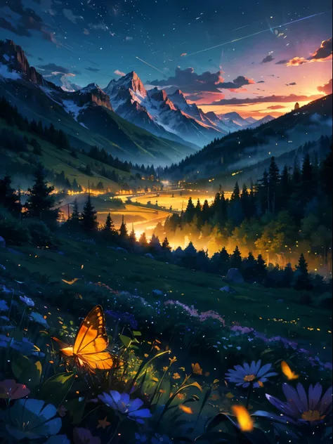 Anime landscape with mountains and flowers in the foreground，Anime inspired green landscape of the Alps with bright blue glass like sky shining with glittering glittering effect(Bokeh effect) (firefly)