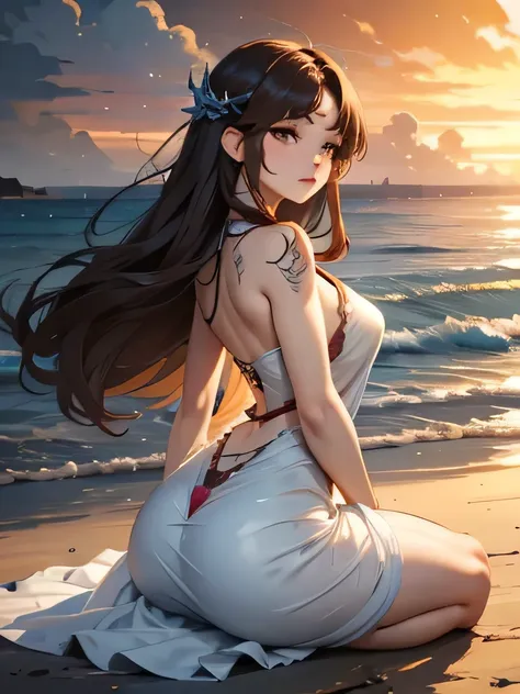 a captivating anime-inspired scene of a stunningly beautiful young woman meditating serenely at the edge of the atlantic ocean s...