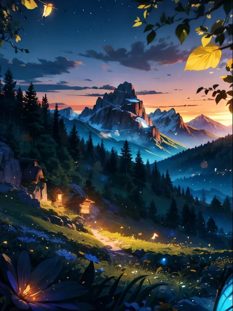 Anime landscape with mountains and flowers in the foreground，Anime inspired green landscape of the Alps with bright blue glass like sky shining with glittering glittering effect(Bokeh effect) (firefly)