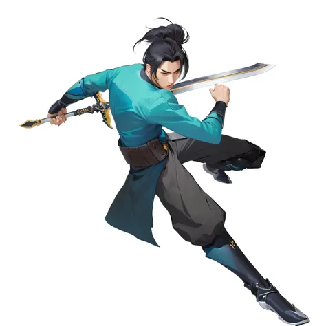 Holding a sword、Anime character wearing a blue shirt, heise jinyao, shirow masamune, With a big sword, Official Character Art, zhao yun, 《Genshin Impact》Keqing, Taisho Romance, 《Genshin Impact》Zhongli, Full body martial arts, Kazuma Kaneko, The handsome gu...