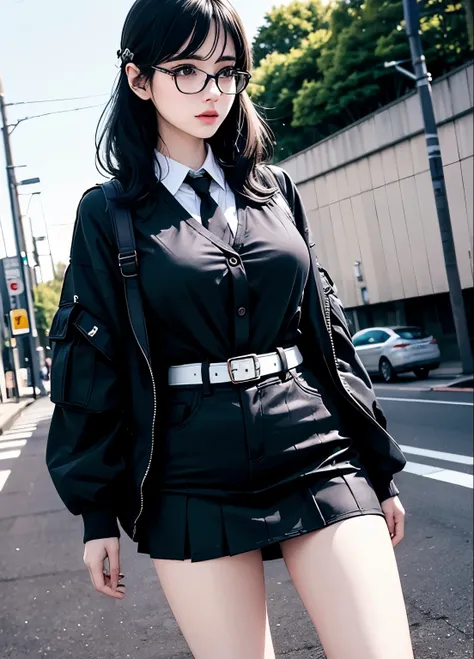 masterpiece, best quality, Extremely detailed, illustration,, (Fully equipped:1.4), 1 Girl, Glasses, Large Breasts, tie, skirt, Bag, Uniforms, Black Hair, outdoor, road, Between breasts, street, school Bag, Ground Vehicles, Community, Japan,,  