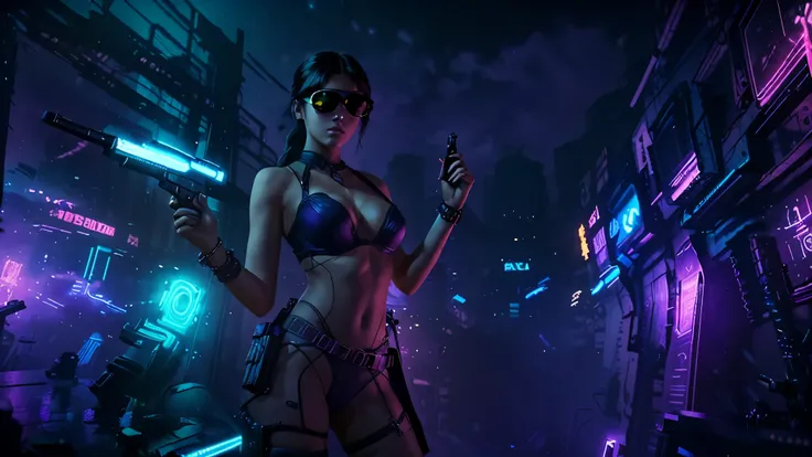 at night. neon-themed artwork with vibrant purple and blue colors, intense neon lights illuminating the entire scene, a dense layer of mist creating a dreamy atmosphere, a captivating and mesmerizing background with intricate details, a gaming-inspired the...