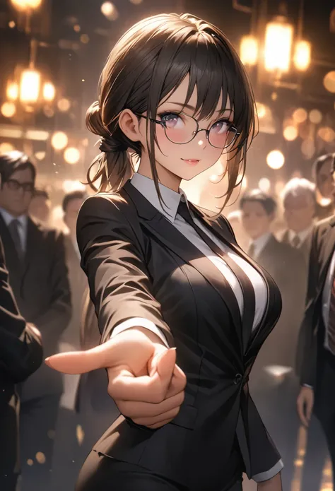 masterpiece, best quality, extremely detailed CG unity 8k wallpaper, Realistic skin texture, Standing in honor, finger pointing, Reach out and point at the viewer, Anatomical Hand, lawyer, woman, Glasses, Wearing a crisp suit, Hair tied up, bokeh photograp...