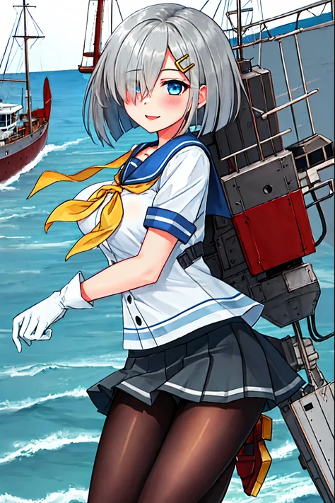best quality, masterpiece, highres, solo, {hamakaze_kantaicollection:0.90}, 1girl, black_pantyhose, pleated_skirt, serafuku, short_sleeves, simple_background, white_background, yellow_neckerchief, white_gloves, looking_at_viewer, grey_skirt, blush, eyes_vi...