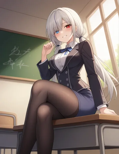 1girl, solo, long hair, breasts, looking at viewer, blush, smile, bangs, skirt, large breasts, blazer, shirt, heterochromia, red eyes, blue eyes, multicolored eyes, long sleeves, ribbon, twintails, medium breasts, sitting, black blazer, white shirt, white ...