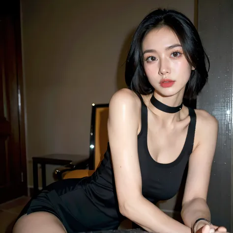 best quality, ultra high res, (photorealistic:1.4), pretty girl, tanktop black shirt, black tight skirt, black choker, (faded as...