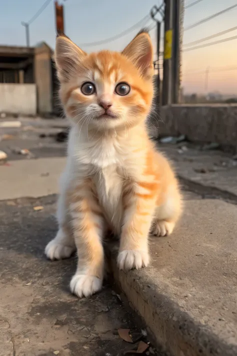 An 8K image of a distressed orange and white kitten, approximately 6 months old, gazing intently at the camera, is depicted in a desolate urban setting at dusk. The kitten is seen sitting on a cracked and weathered concrete surface, its fur matted and dirt...