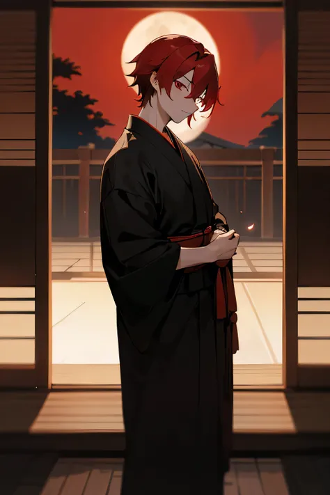 Red hair, Red Eye, male, Black kimono, Hakama, moonlight, Relax, ephemeral, indoor