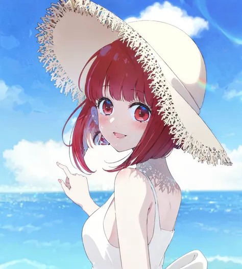 Best quality, masterpiece, ultra high res, (photorealistic:1.4), raw photo, 1girl, white wimsuit, sea, glowing skin, light smile, arima kana, red short hair, red eyes