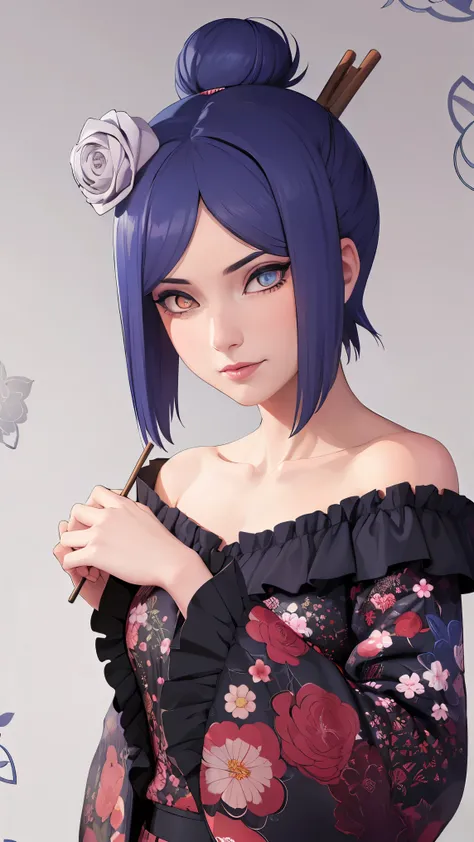 （（danya，konan (naruto),konan, blue hair, Orange pupils, short hair, hair ornament, flower, hair flower, ）））
BREAK ((collarbone, floral background, floral print, frilled sleeves, frills, hair bun, hair ornament, hair stick, hair tubes, headpiece:1.5)) 
BREA...