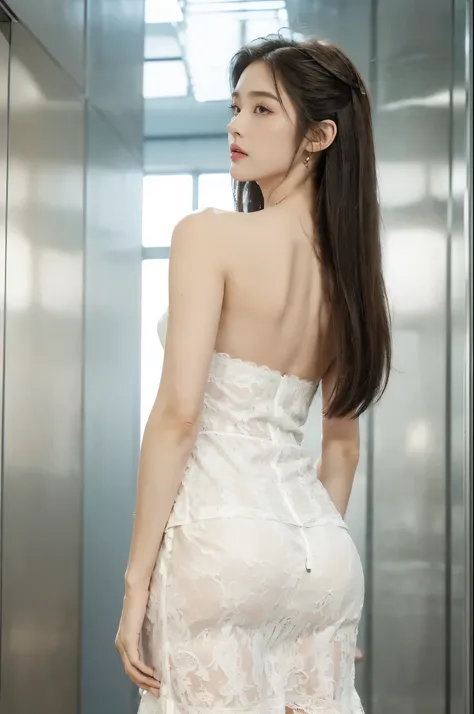 (((best quality))),(((ultra detailed))),(((masterpiece))),illustration,((1 beautiful girl,solo)),(neat medium straight hair:1.2),((slim,thin)),((strapless,shoulder off,bare back,towering hips,butt crack)),(white lace pajama dress:1.3),((fair skin)),(standi...