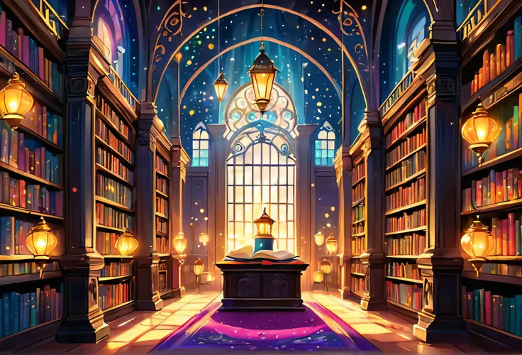 a beautiful library, magical, with sparkling lights and colourful lanterns, ancient book, glowing, magica atmosphere, big spacio...