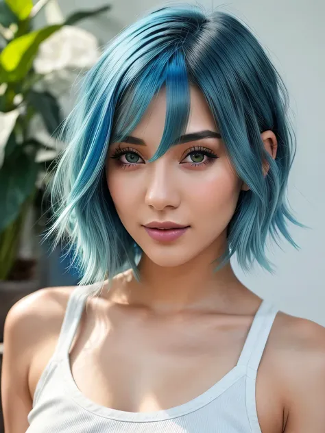 (blue hair:1.4), short hair, realistic green eyes, cobalt hair, long bob hair, tousled hair, shoulder length hair, Full body, woman with white skin and Asian features, 24 year old, big breast. cute face, detailed skin pores, oil Dark skin, brown, 8K, (Mast...