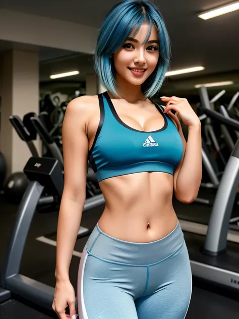 (blue hair:1.4), short hair, realistic green eyes, cobalt hair, long bob hair, tousled hair, shoulder length hair, Full body, woman with white skin and Asian features, 24 year old, big breast. She has a small, elegant nose with a slight upward curve at the...