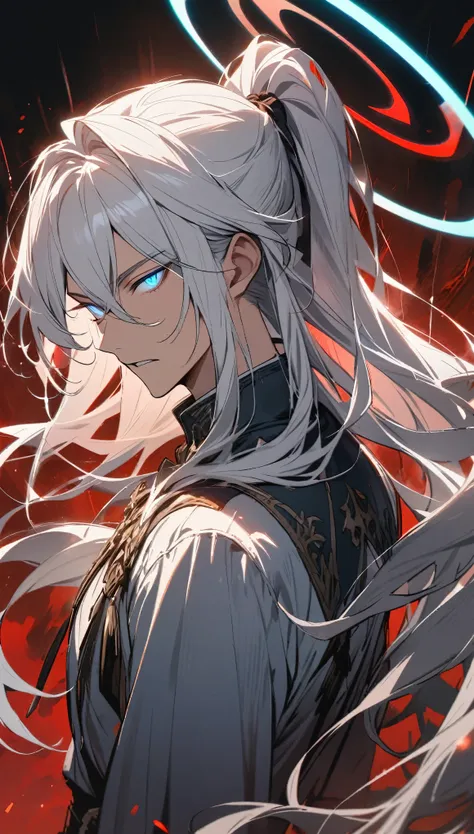 man, Long hair, Ponytail, White hair, blue eyes, Glowing eyes, Blue Halo,Red Halo, Handsome, high quality, sword, Gray scapula