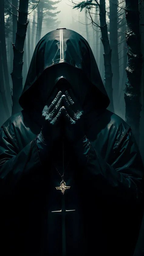 Vivid, high-contrast horror of a mysterious priest completely covering their face with their hands white forest background under a dramatic, gritty lighting