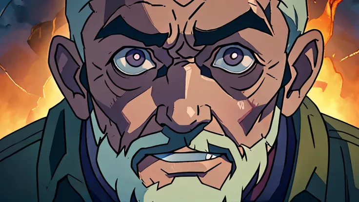 Close-up of A 70-year-old countryman with a worn and wrinkled face, cloudy yet penetrating eyes that reflect his wisdom, dressed in tattered church clothes with a wrinkled, despair-filled face. He is illuminated by weak firelight