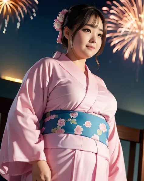 ((8k)), highest quality, 超High resolution, (High resolution), 1 girl, Japanese, Double chin, Overweight, Extremely fat, ((Chubby)), ((Watching the fireworks wearing a pink yukata))