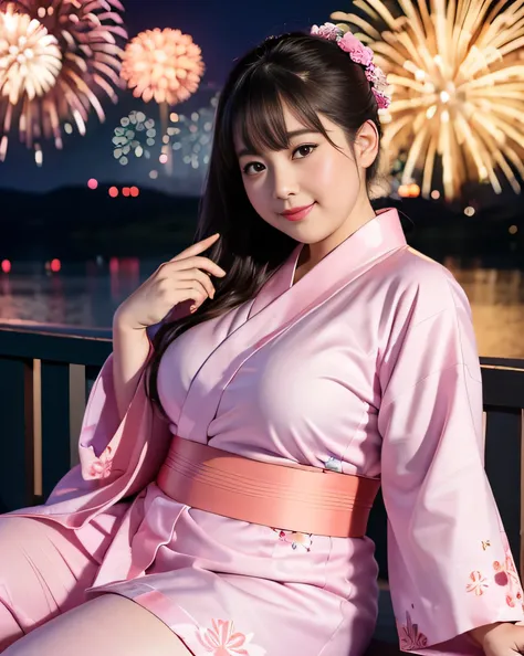 ((8k)), highest quality, 超High resolution, (High resolution), 1 girl, Japanese, Double chin, Overweight, Extremely fat, ((Chubby)), ((Watching the fireworks wearing a pink yukata))