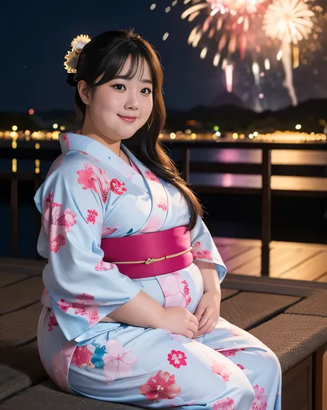 ((8k)), highest quality, 超High resolution, (High resolution), 1 girl, Japanese, Double chin, Overweight, Extremely fat, ((Chubby)), ((Watching the fireworks wearing a yukata))