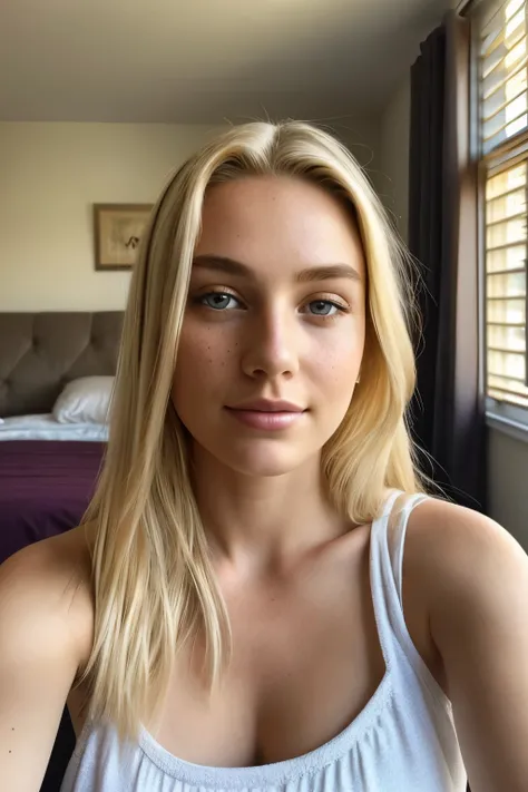 young blonde, 20, solo, brown eyes, long hair cascading over her shoulders, big breasts subtly accentuated by a loose tank top, taking a selfie on her bed in the morning light, the room slightly disheveled from the previous nights activities, the meticulou...