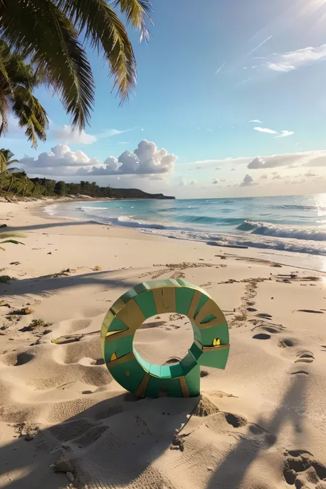 Name "Calderon" in elegant peridot foam letters. The warm spring morning sunlight casts a golden glow on the white sand and turquoise sea, as the sun&#39;s rays dance between the palm trees and the lush bushes that line the beach. La combinación armoniosa ...