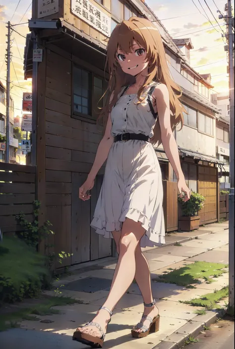 Aisaka Taiga, Aisaka Taiga, Long Hair, Brown Hair, Brown eyes,happy smile,smile, Close your mouth,Straw hat,White sleeveless dress,Long skirt,Heeled Sandals,evening,sunset,The sun is setting,whole bodyがイラストに入るように,Walking,　　　　　　　　　　　　  　　　　　break looking at...