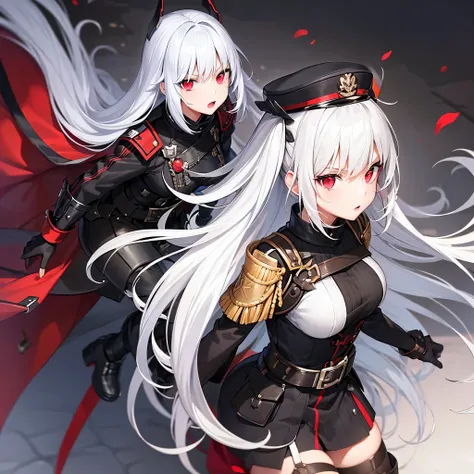 Black german world war 2 outfit, young 18 year old female, white hair, red eyes, serious expression, hentai, anime style. 