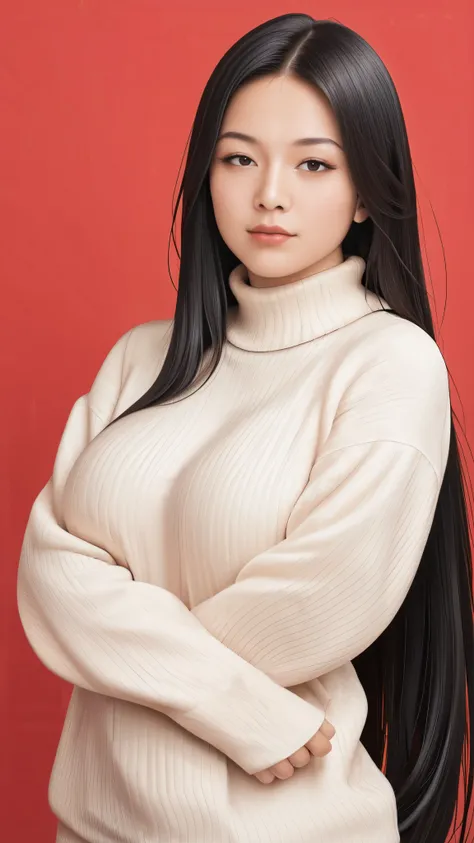 ,score_9,score_8_superior,score_7_superior, 20-year-old, 8k, High resolution, beautiful girl, Black Hair, Very long hair, Straight hair, Mouth closed,
One girl, Detailed face, Beautiful woman face, sweater, Red background, View your viewers,