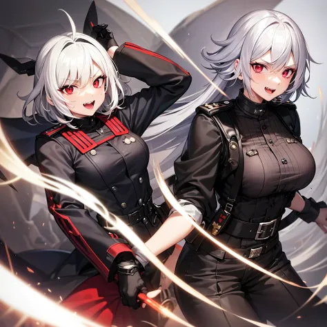 Black german world war 2 outfit, young 18 year old female, white hair, red eyes, serious expression, war background, anime style, laughing maniacally. 