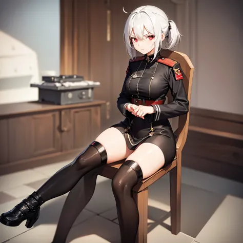 Black german world war 2 outfit, young 18 year old female, white hair, red eyes, serious expression, war background, anime style, sitting in the thrown. 