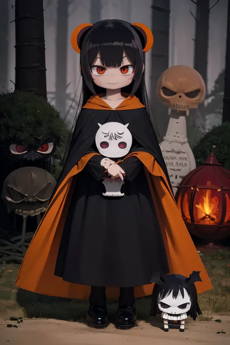 Photorealistic、Cute horror fantasy、Chibi Girl Doll（Devil Cosplay、Wicked Smile、Sagging under the eyes、Long eyebrows、Long nails、Orange eyes、Wear a long, big cloak） BREAK ,background(Musical notes around the doll, (dead tree:1.3), in the forest,shadow　the car...