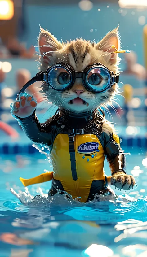 ((8k)), highest quality, 超High resolution, (High resolution), A kitten is swimming in a competitive swimsuit, Competition Pool, Loud cheers from the audience, Wearing swimming goggles, splashes rise